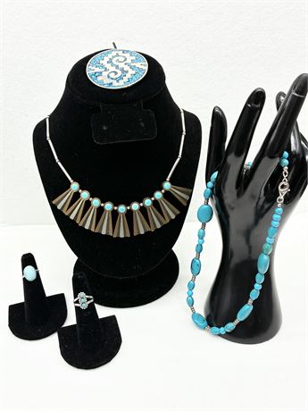 STERLING ~ 5-Pc Southwest Style Silver & Turquoise Set