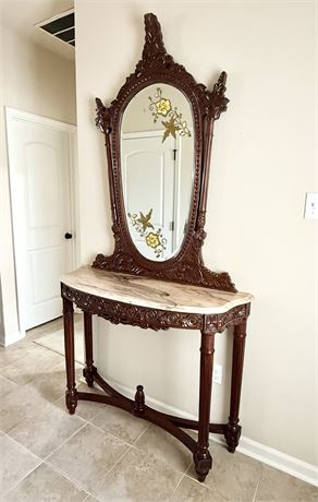 2 Piece - Beveled Mirror Solid Wood Foyer Table With Marble Top