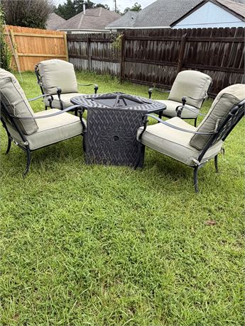 HAMPTON BAY ~ Edington Collection ~ 5-Piece Cast Aluminum Patio Fire Pit Set