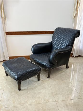 Dark Blue Wooden & Faux Leather Arm Chair With Ottoman