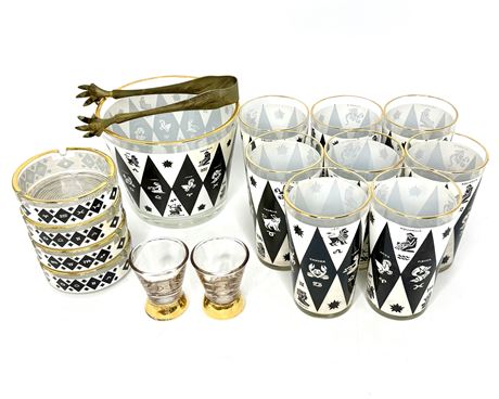 MCM Jeanette Glass Harlequin Zodiac Set - Glasses, Ice Bucket, Ashtrays