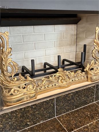 Ornate Solid Brass Fireplace Andirons & Fender Bar