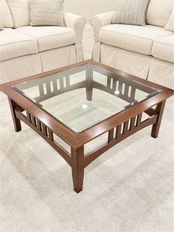 Solid Wood Craftsman Style Slatted Coffee Table With Beveled Glass Top