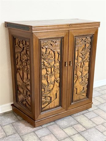 Solid Wood Hand Carved Asian Cocktail Bar On Wheels