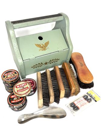 Vintage Wooden Early American Shoe Shine Kit with Accessories