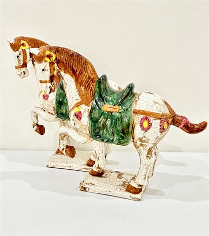 INTERNATIONAL BAZAAR ~ Pair of Chinese Tang-Style Crackle-Glazed Horse Figurines