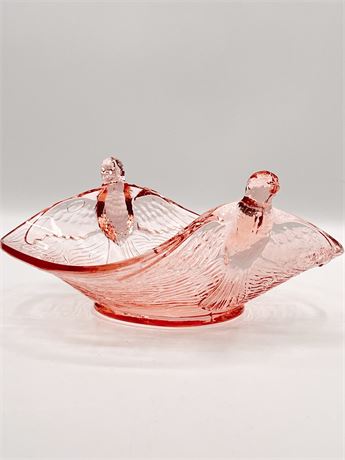 FENTON ~ Pink Depression Glass Double Handle Bird Candy Dish Bowl