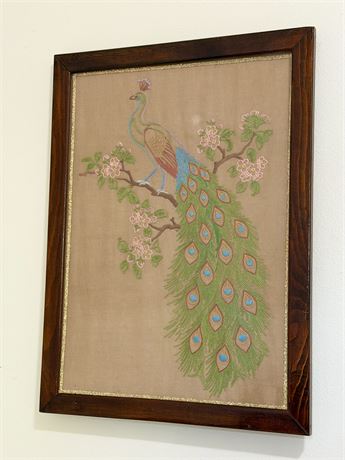 Framed Embroidered/Needlepoint Peacock