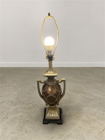 Bronze And Silver-Toned Urn-Shaped Lamp Base With Beaded Trim and Side Handles