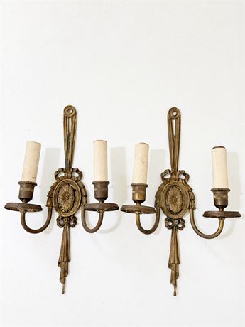 Pair (2) ~ Brass Ribbon Bow Design Wall Sconces