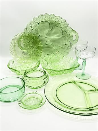 Vtg. Green Uranium Glass (10) Assorted Pieces