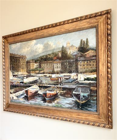 Framed Harbor Scene Painting