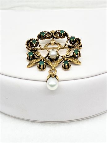 14K ~ Vintage Gold Floral Brooch/Pendant with Pearl & Emeralds